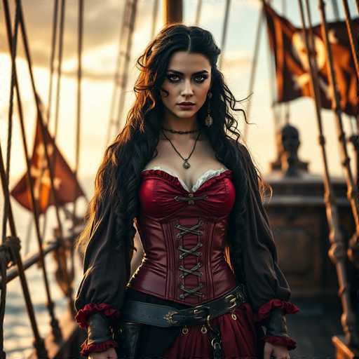 A woman with long dark hair is standing on a wooden boat deck, wearing a red corset and a black leather belt. She has her hands clasped together in front of her. The background features several flags fluttering in the wind, adding to the maritime theme of the image.