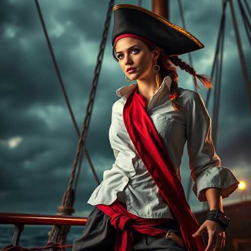 A woman dressed as a pirate is standing on a ship deck with her back to the camera and wearing a black hat, red scarf, white shirt, and black pants.