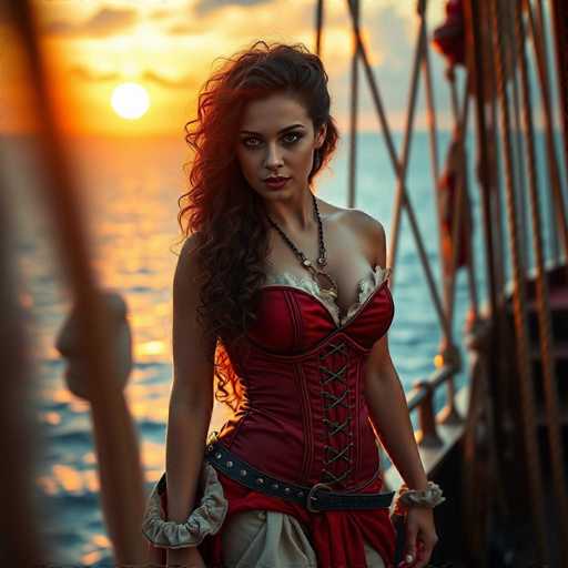 A woman with long brown hair is standing on a boat at sunset. She is wearing a red dress and has a necklace around her neck. The boat she stands on appears to be made of wood and has ropes attached to it.