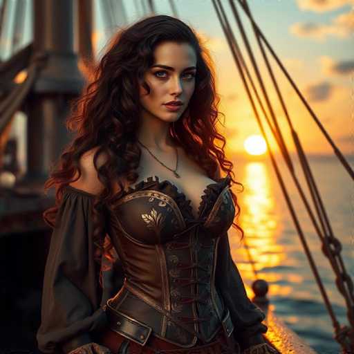 A woman with long brown hair is standing on a boat at sunset. She is wearing a corset and a necklace, and the setting sun casts an orange glow over the water.