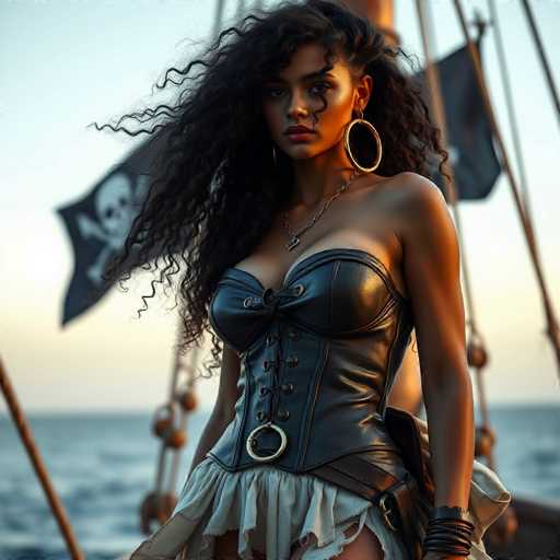 A woman with long curly hair wearing a black corset and gold earrings stands on the deck of a ship against a backdrop of the ocean.
