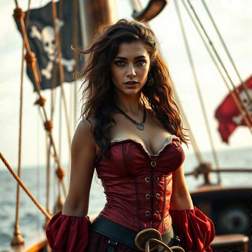 A woman with long brown hair is standing on a wooden boat, wearing a red corset and a necklace with a skull pendant. The boat has sails that billow in the wind, and there are several flags fluttering from the mast.