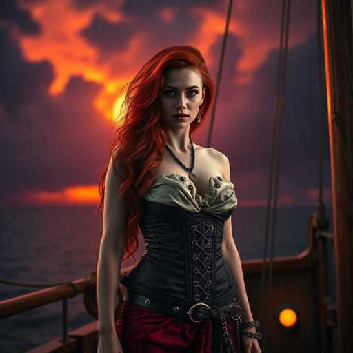 A woman with red hair and a black corset stands on a wooden boat, holding a sword and wearing a necklace.