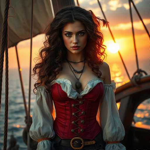 A woman with long brown hair wearing a red corset and a necklace stands on the deck of a ship against a sunset sky.