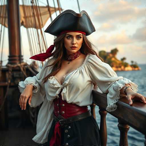A woman dressed as a pirate stands on a wooden deck with her back to the camera, wearing a white blouse and black skirt, a red bandana around her neck, and a black hat with a gold trim. The background shows a ship's mast and sails against an ocean backdrop of blue sky dotted with clouds.