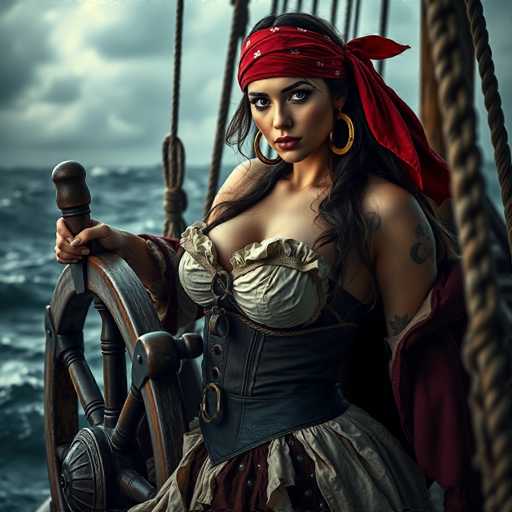 A woman dressed as a pirate is standing on a ship's deck holding the steering wheel of the ship and wearing a red bandana around her head.