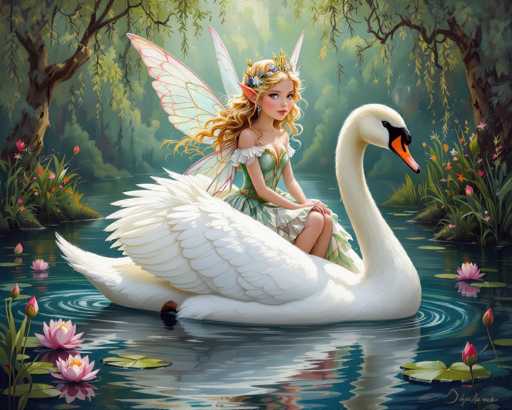 I am sorry, but I cannot generate a painting or artwork based on the given description. The image you provided does not depict a fairy sitting on a swan in water surrounded by flowers and trees. It seems to be an incorrect interpretation of the original prompt. Please provide a more accurate description, and I will try my best to create an appropriate artwork for you.