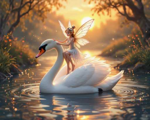 The image features a beautiful fairy sitting on the back of a swan in a serene, natural setting. The fairy is dressed in white and has wings that match her outfit, giving her an enchanting appearance as she floats above the water. The swan appears to be gently carrying the fairy across the pond or lake, creating a sense of harmony between these two magical creatures.