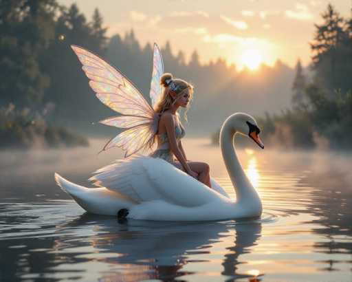 The image features a beautiful young woman sitting on the back of a white swan as it floats across a body of water. The swan is positioned in the center of the scene, with the woman facing towards the right side of the image. The background includes trees and a sunset, creating an enchanting atmosphere for this fairy tale-like moment.