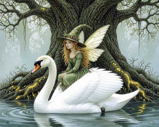 The image features a beautiful illustration of a fairy sitting on the back of a swan. The fairy is wearing a green dress and a hat, adding to the enchanting atmosphere of the scene. The swan, with its white feathers, is positioned in front of a tree, providing a sense of depth and perspective to the artwork. The background of the image is filled with trees, further enhancing the woodland setting. Overall, this painting captures the essence of a fairy on a winged creature, creating an imaginative and captivating visual experience for viewers.