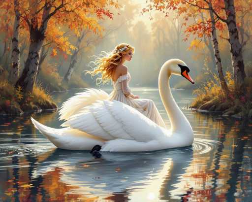 The image depicts a beautiful young woman sitting on the back of a white swan as it floats down a river. The swan is positioned in the center of the scene, with the woman facing towards the right side of the image. The background features trees and foliage that add to the serene atmosphere surrounding this picturesque moment.