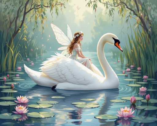 The image features a beautiful illustration of a fairy sitting on the back of a swan. The fairy is wearing a white dress and has wings, giving her an enchanting appearance as she floats above the water. The swan, with its distinctive black beak, is positioned in front of the fairy, creating a sense of harmony between the two characters.

The background of the image is filled with trees, adding to the overall magical atmosphere of the scene. There are also several lily pads scattered throughout the water, further enhancing the serene and picturesque setting.