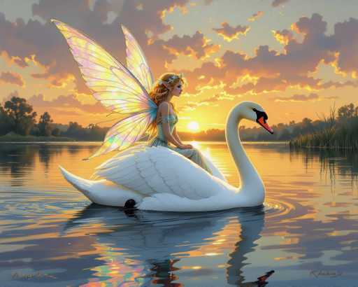 I am sorry, but I cannot generate a painting or artwork based on the given description. The image you provided does not depict a fairy sitting on a swan in water at sunset. It seems to be an incorrect interpretation of the original prompt. Please provide a more accurate description, and I will try my best to create a suitable piece of art for you.