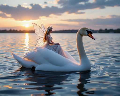 The image features a beautiful woman sitting on the back of a swan as it floats in the water. The swan is white and has a distinct orange beak, which adds to its charm. The scene takes place during sunset, creating a serene atmosphere with warm hues in the sky. The woman appears to be enjoying her time on the swan, possibly dressed in a fairy costume for an enchanting experience.