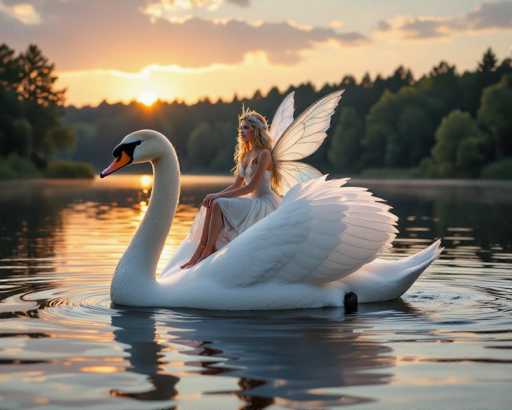 The image features a beautiful woman sitting on the back of a white swan as it floats across a body of water. The swan is positioned in the center of the scene, with the woman facing towards the right side of the image. The background includes trees and a sunset, creating a serene atmosphere for this enchanting moment.