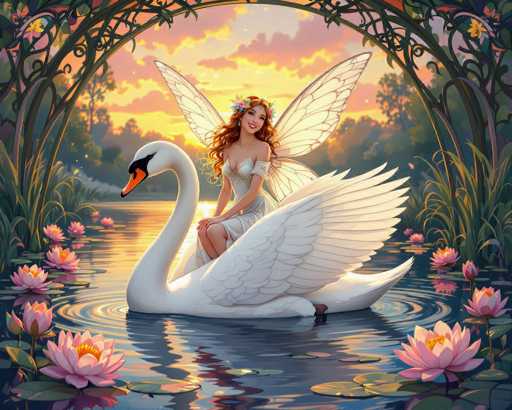 The image features a beautiful fairy sitting on the back of a swan in a serene, natural setting. The fairy is adorned with flowers and has long hair that flows down her shoulders as she enjoys her time floating above the water. The background showcases an enchanting garden filled with various plants and trees, creating a picturesque scene for this whimsical encounter between the fairy and the swan.
