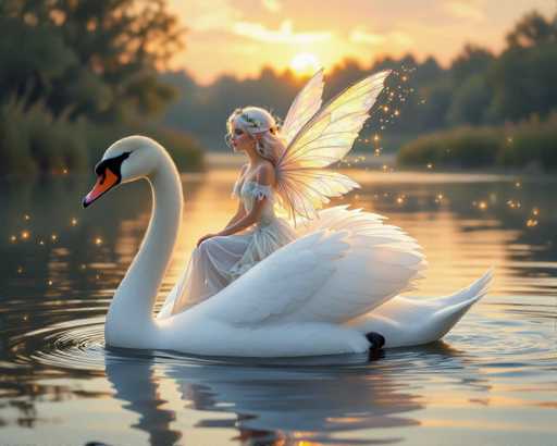 The image features a beautiful white swan with wings, sitting on the water and accompanied by a woman dressed in a fairy costume. The woman appears to be enjoying her time as she floats along with the swan. The scene is set against a serene backdrop of trees and a sunset, creating an enchanting atmosphere for this whimsical moment captured between the two characters.