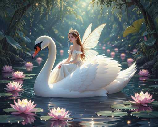 The image features a beautiful illustration of a fairy sitting on the back of a swan. The fairy is wearing a white dress and a crown, adding to the enchanting atmosphere of the scene. The swan, with its wings spread wide, appears to be floating above water filled with pink flowers. This captivating artwork showcases the elegance and grace of both the fairy and the swan in their natural habitat.