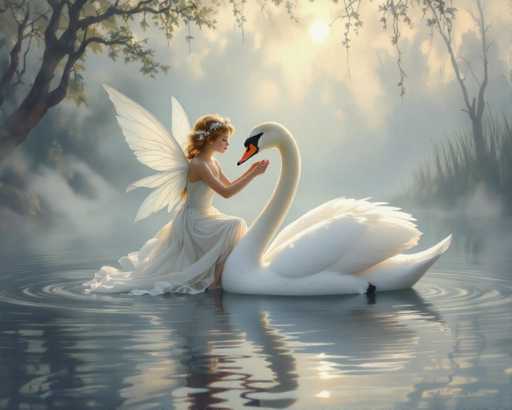 The image features a beautiful fairy sitting on the back of a swan in a serene, foggy forest. The fairy is wearing a white dress and has wings that add to her enchanting appearance. She appears to be gently touching or petting the swan's neck as they both enjoy each other's company in this picturesque setting.