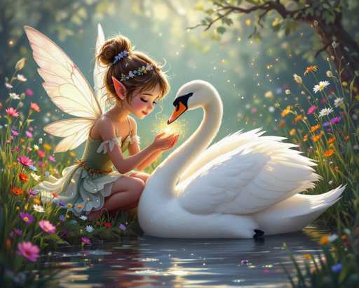 The image features a beautiful fairy sitting on the grass next to a white swan. The fairy is wearing a green dress and has her hands together, possibly in prayer or offering something to the swan. The swan appears calm and serene as it rests beside the fairy. The scene takes place near water, adding an element of tranquility to the image.