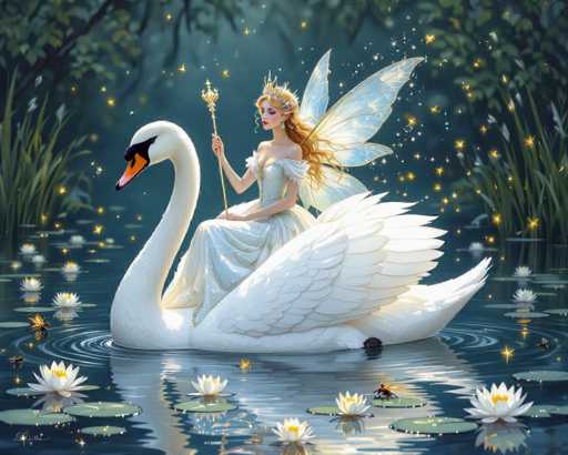 The image features a beautiful fairy sitting on the back of a swan in a pond. The fairy is wearing a white dress and has wings, giving her an enchanting appearance. She holds a wand, which adds to her magical aura. Surrounding the fairy and the swan are numerous lily pads floating on the water's surface, enhancing the serene atmosphere of the scene.