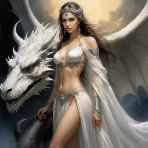 The image depicts a woman with long hair and a white dress standing next to a large white dragon with red eyes. The woman is wearing a crown on her head and holding the dragon's tail in her hand.