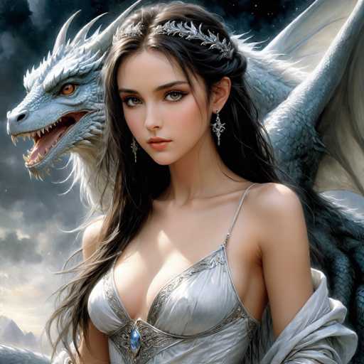 A woman with long brown hair is standing against a dark blue sky backdrop featuring white clouds and a dragon-like creature. The woman wears a silver dress adorned with intricate designs on the bodice and skirt, and she has a tiara on her head.