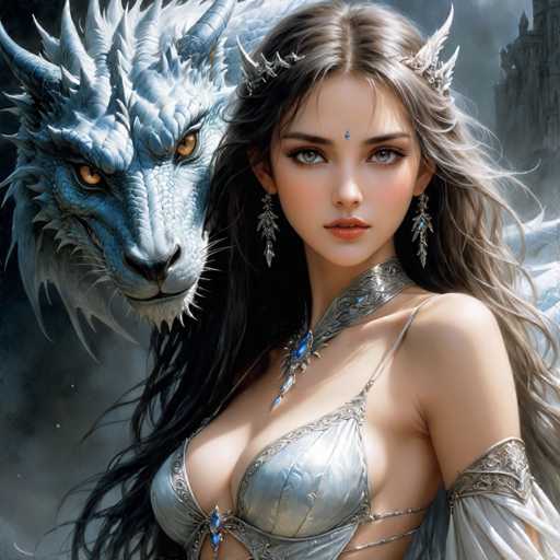 The image depicts a woman with long hair wearing a silver dress and tiara, standing next to a blue dragon with sharp teeth and claws. The background is dark and filled with clouds, creating an atmosphere of mystery and danger.