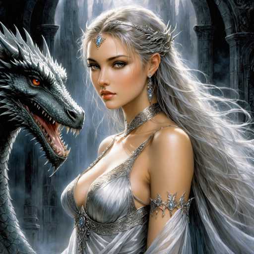 The image depicts a woman with long blonde hair and a tiara on her head standing next to a large, dark green dragon with its mouth open wide. The background is dark and features an archway or doorway in the distance.
