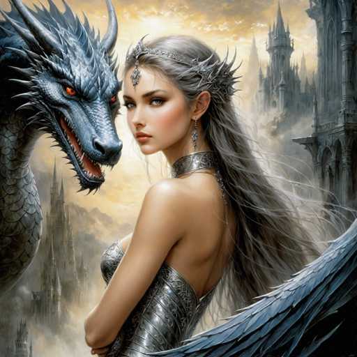The image depicts a woman with long blonde hair wearing a silver tiara and a dress made of metal plates. The woman is standing next to a large blue dragon with red eyes and sharp teeth. The background features a castle-like structure with towers and spires, suggesting the scene takes place in a fantasy or magical setting.