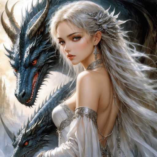 A woman with blonde hair and a white dress is standing next to two dragons - one blue and the other black. The woman has a necklace around her neck that features a large pendant.