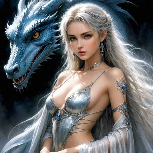 A woman with blonde hair and blue eyes is standing next to a large blue dragon. The dragon has a long neck and sharp teeth, giving it an imposing appearance. The woman is wearing a silver dress that matches the color of the dragon's scales.