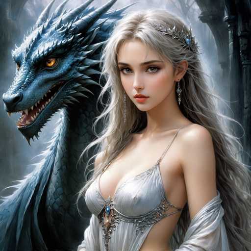 A woman with blonde hair and a white dress stands next to a blue dragon with sharp teeth and claws.