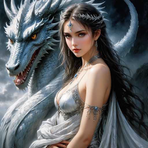 A woman with long dark hair is standing next to a large white dragon with sharp teeth and claws. The dragon's head is turned towards the camera, revealing its eyes and mouth. The woman is wearing a white dress adorned with blue jewels that sparkle in the light.