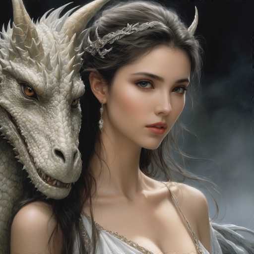 A woman with long brown hair is standing next to a white dragon with sharp teeth and horns. The dragon's eyes are open wide as it stares at the woman.