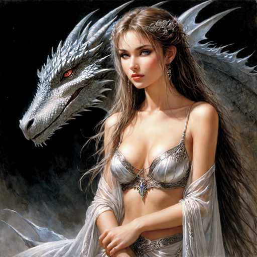 A woman with long brown hair and a white dress is standing next to a large silver dragon with red eyes and sharp teeth. The dragon's wings are spread wide as it gazes directly at the viewer.