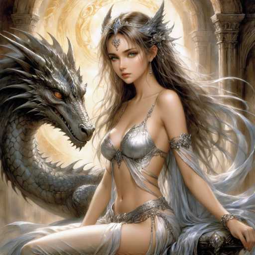 A woman with long blonde hair and a silver headdress is depicted sitting on a throne next to a large dragon. The dragon has a gray body and red eyes, and the background features a yellow archway.