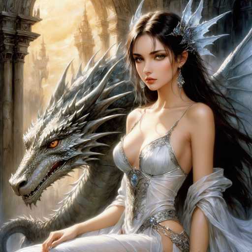 A woman with long brown hair is depicted wearing a white dress and tiara, standing next to a large gray dragon with sharp teeth and claws. The background features an archway leading to a castle-like structure, suggesting the scene takes place in a fantasy or magical setting.