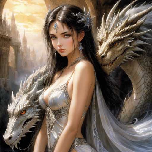 A woman with long dark hair is standing next to two white dragons. The woman is wearing a silver dress and has a crown on her head.