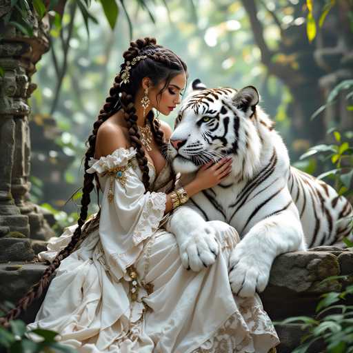 A woman with long braids and a white dress is sitting on a stone wall next to a tiger statue in a lush green forest.