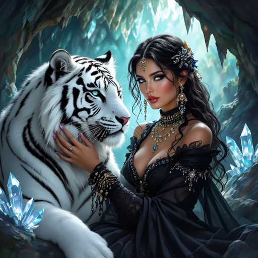 The image depicts a woman and a tiger standing together in front of a cave. The woman is wearing a black dress with gold accents and has her hair styled in an updo. She is also wearing earrings and a necklace. The tiger is white with black stripes and appears to be looking directly at the camera, as if posing for a portrait.