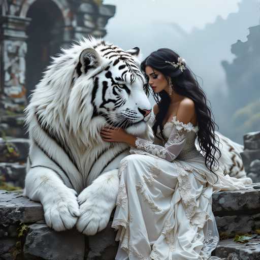 A woman with long brown hair is sitting on a stone wall and petting the head of a majestic white tiger that is standing behind her. The tiger's fur is as white as snow, and it has striking black stripes running down its back.