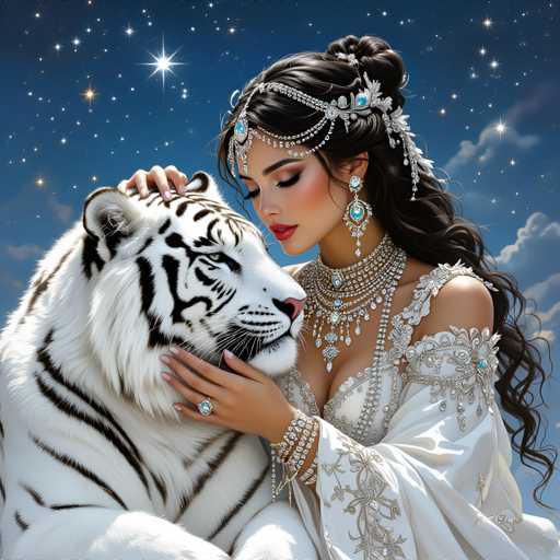 A woman with long dark hair wearing a white dress and gold jewelry is hugging the head of a majestic tiger with white fur and black stripes. The tiger's eyes are closed as it gazes at the camera.