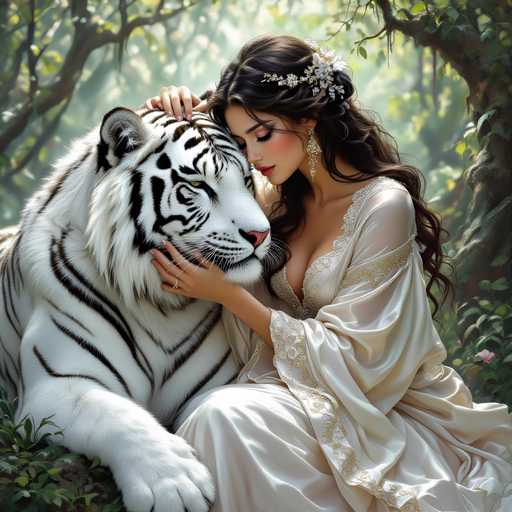A woman with long brown hair is sitting on a rock and petting the head of a white tiger that is lying down next to her. The tiger has a white coat with black stripes and its eyes are closed as it rests peacefully.