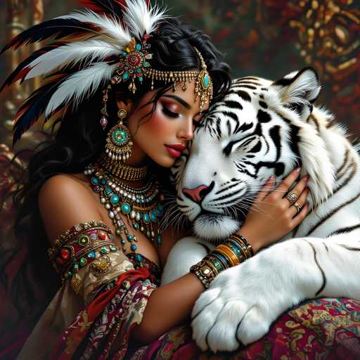 A woman wearing traditional Indian attire is seen embracing a tiger with her arms wrapped around it. The tiger's fur is white and black, contrasting with the woman's colorful dress adorned with gold and blue accents.