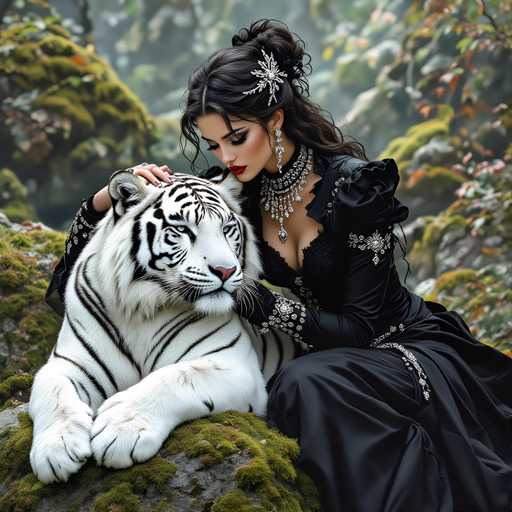 A woman wearing a black dress and a tiara is sitting on a rock with her head resting on the tiger's back. The tiger has white fur and is looking at the camera.