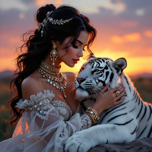 A woman with long dark hair wearing a white dress and gold jewelry is hugging a tiger on her lap. The tiger has its head turned towards the camera.