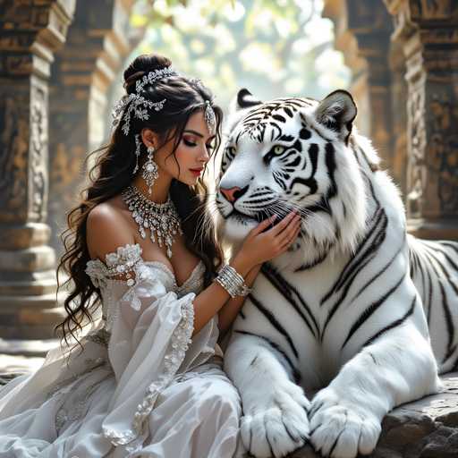 A woman wearing a white dress and tiara is sitting next to a majestic tiger with white fur and black stripes.