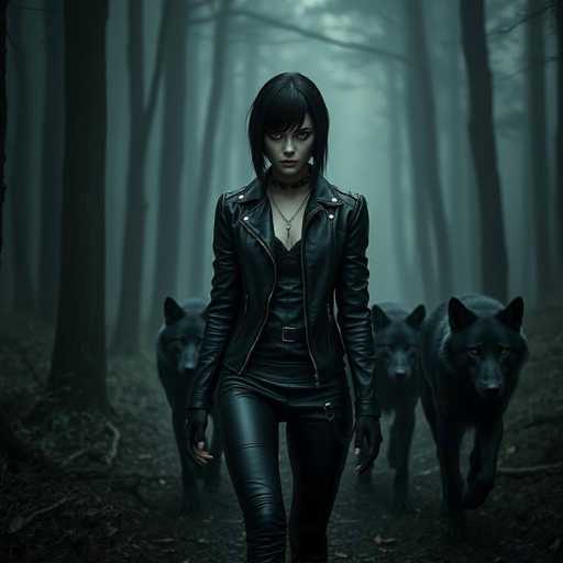 A woman wearing a black leather jacket and pants is walking through a forest with three black dogs following her closely behind.