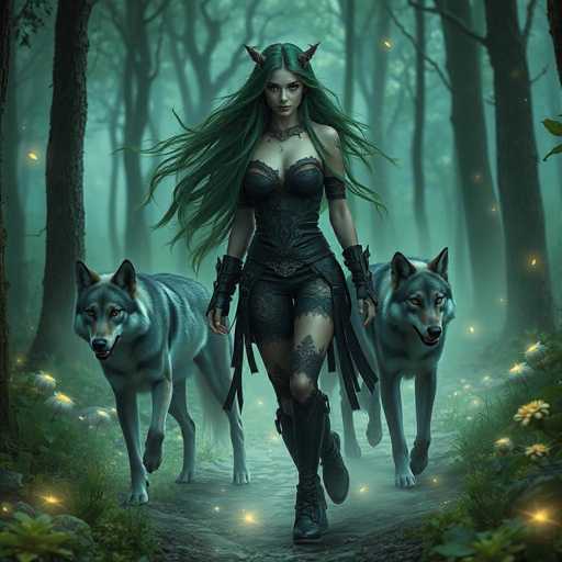 A woman with long green hair and a black dress is walking through a forest, accompanied by two gray wolves on either side of her.